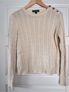 Lauren Ralph Lauren Cream Cable-Knit Crewneck Sweater with gold button detail